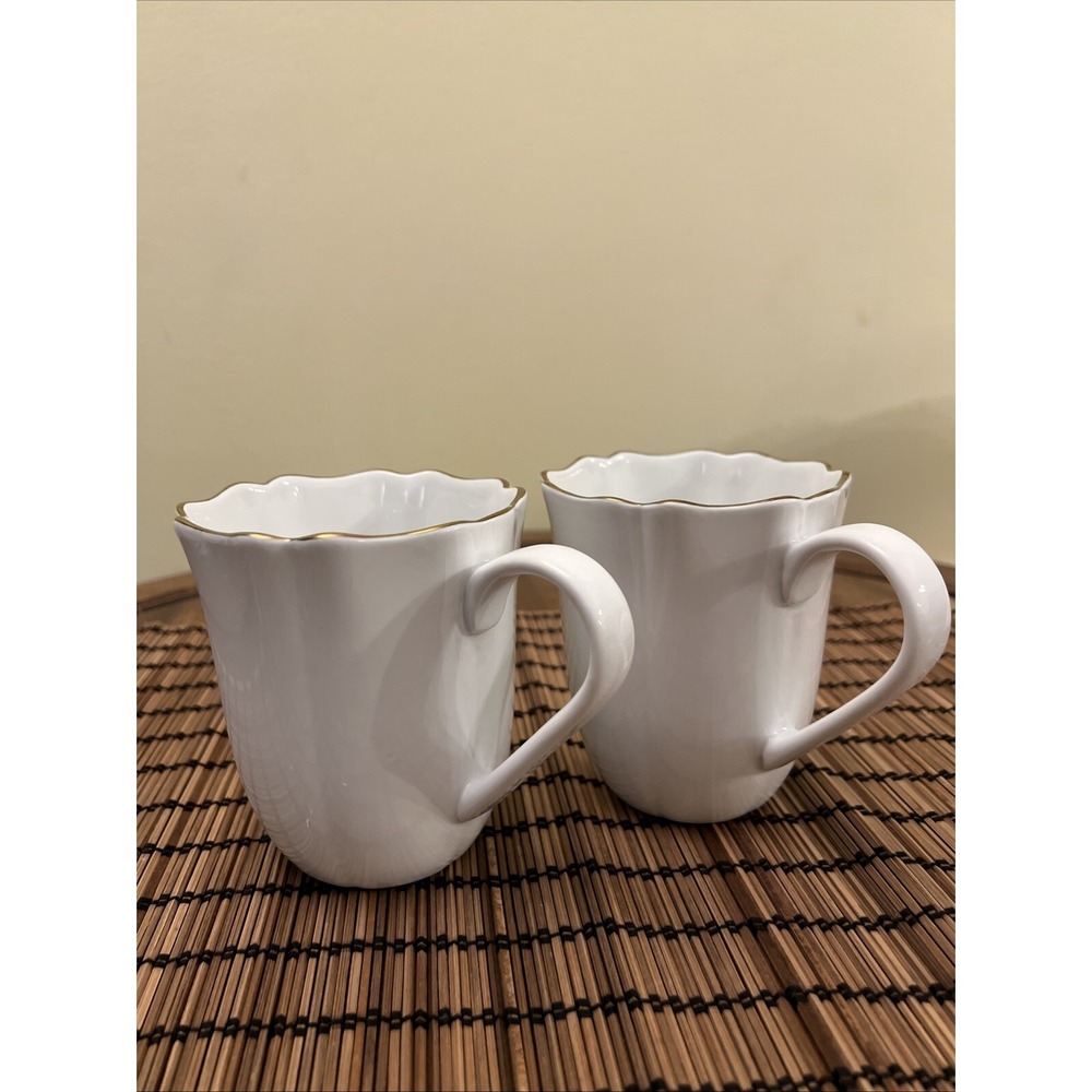2 Set Of Martha Stewart White Rippled Gold Trim Baroque Mugs Created for Macy's